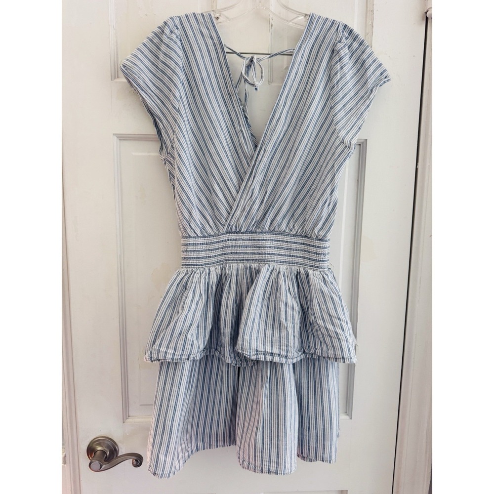 American Eagle Striped Tiered Ruffle Mini Dress Blue White Linen Blend Size S - Picture 3 of 8